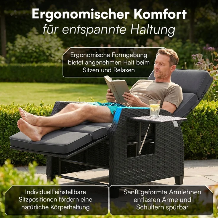 STEELSØN 'Caelum' Polyrattan Sessel mit Liegefunktion, schwarz, verstellbare Rückenlehne, inkl. Polster, Ausklapptisch, wetterfest, 2er Set – Bild 7