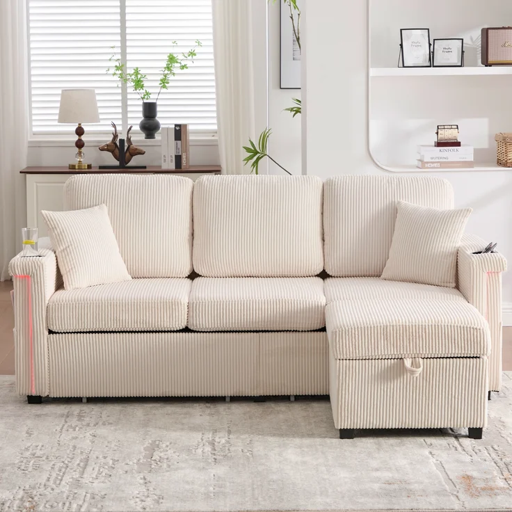 Sofa, Hochwertiges Samtsofa mit LED-Beleuchtung USB-C-Port inklusive Stauraum-Fußteil praktischen Getränkehaltern und Seitentaschen Premium Qualität für Wohnzimmer Schlafzimmer oder Büro, Samt, Beige, – Bild 3