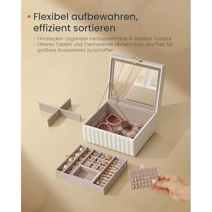Songmics HOME Schmuckkästchen 2 Ebenen, mit Spiegel, flexibles Schmucktablett – Bild 5