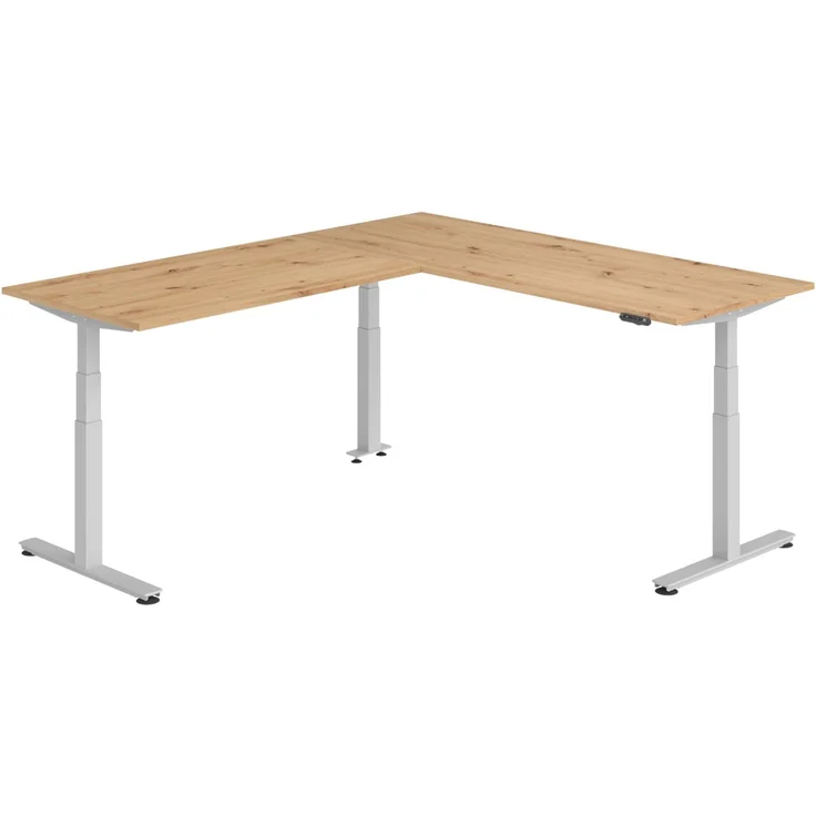 bümö Eckschreibtisch elektrisch höhenverstellbar L-Form: 200 x 240 cm in Asteiche, Gestell silber - Stehschreibtisch mit Memory-Steuerung, elektrischer XXL Schreibtisch für die Ecke, XDSMW-2016-R-S – Bild 1