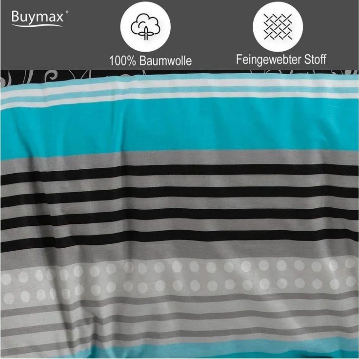 Buymax Bettwäsche Sara, Renforcé: 100% Baumwolle, 3 teilig, 200x200 cm, mit Reißverschluss, Streifen Gestreift Türkis Grau Schwarz – Bild 2
