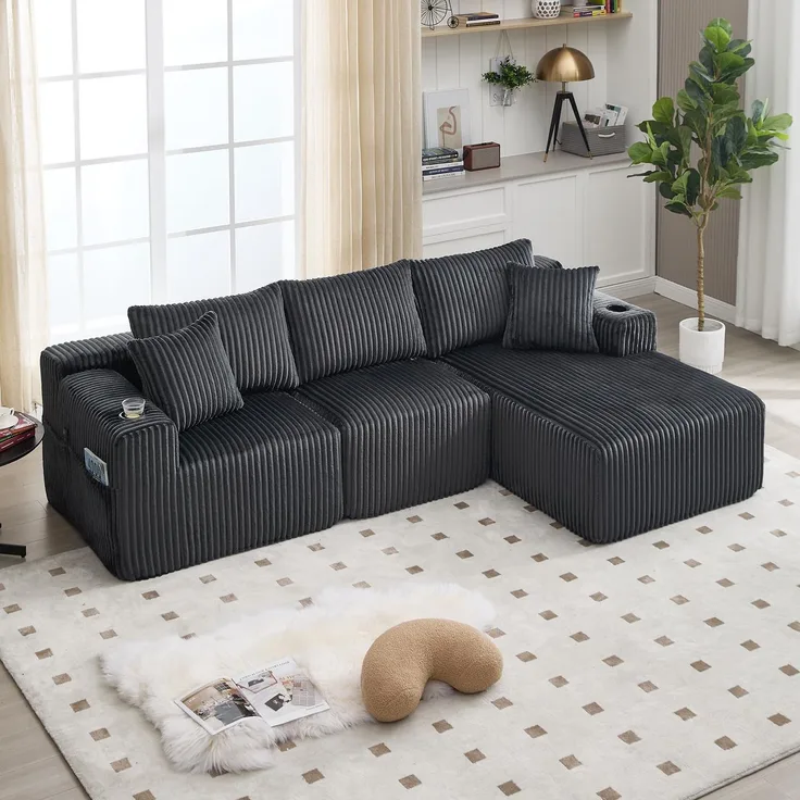 Ball & Cast L-förmiges Eckcouch mit Schlaffunktion, 3-Sitzer Sofa mit 2 Getränkehalter aus Cordbezug für das Wohnzimmer Wohnung Studio, 257 x 62 x 160 (BxHxT), Grau
