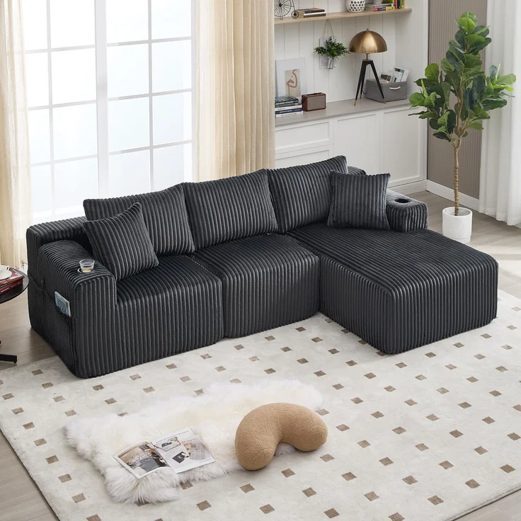 Ball & Cast L-förmiges Eckcouch mit Schlaffunktion, 3-Sitzer Sofa mit 2 Getränkehalter aus Cordbezug für das Wohnzimmer Wohnung Studio, 257 x 62 x 160 (BxHxT), Grau