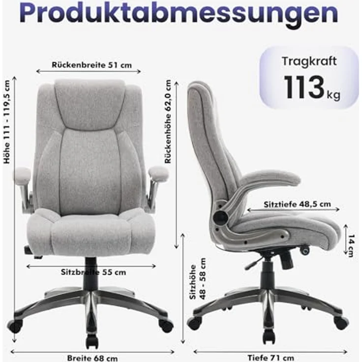 MALOL Ergonomischer Bürostuhl, Schreibtischstuhl aus Kunstleder mit elegantem Design, aufblasbarer Lendenstütze, Federkern-Sitzkissen, klappbaren Armlehnen, für Büro & Homeoffice, Grau – Bild 2
