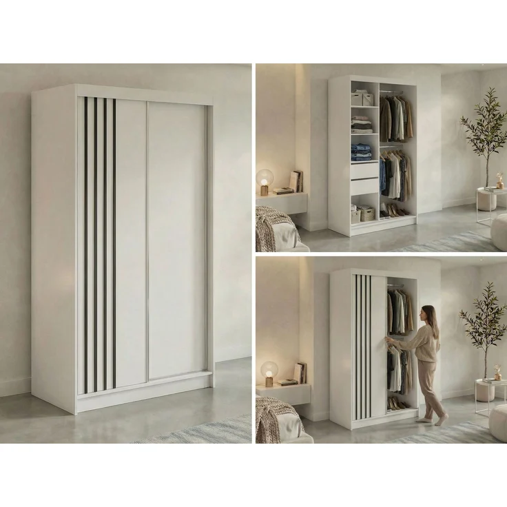 Schwebetürenschrank NAURU mit Lamellen-Optik, moderner Kleiderschrank, Breite 120 cm, inkl. Innenausstattung & Stauraum, Akustikpaneel-Design - Weiß und Schwarz - mit Schubladen – Bild 2