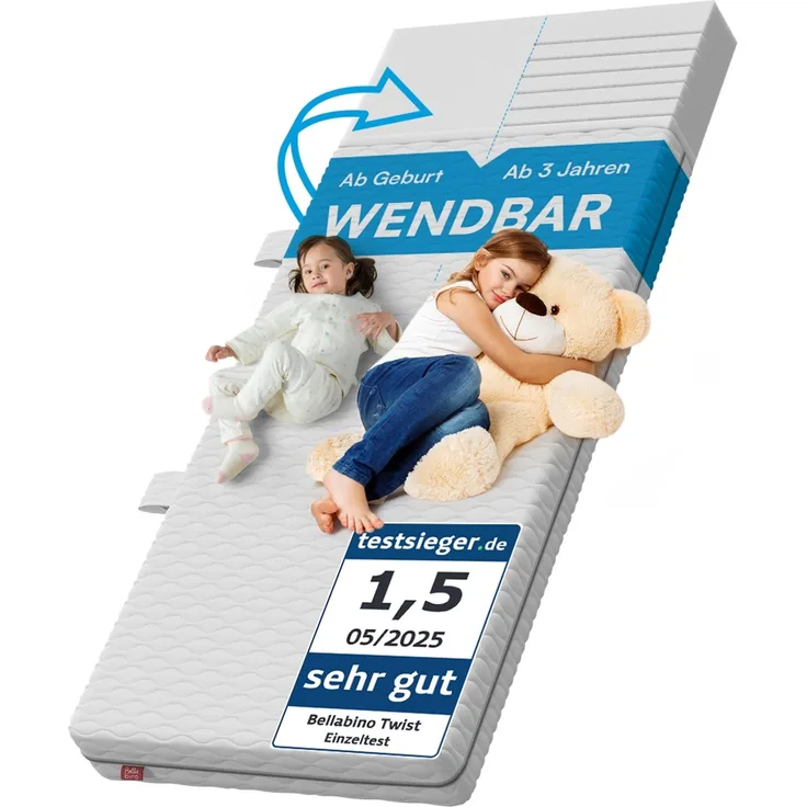 Bellabino 'Twist' Baby- und Kindermatratze 90x200 cm, Höhe 15 cm, Härtegrad H1/H2, wendbare 7-Zonen Kaltschaummatratze, abnehmbarer Bezug, Matratze für Kinder ab Geburt bis 13 Jahren