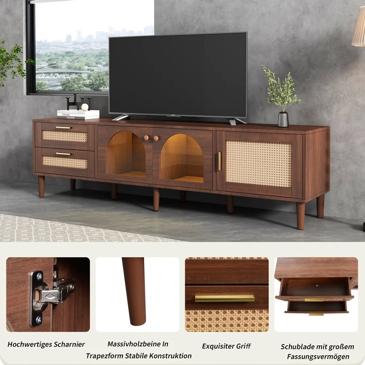 TV-Schrank, mit Rattan-Schubladen, 3 Türen, LED-Licht & höhenverstellbaren Füßen, 180x40x50 cm, Braun – Bild 5