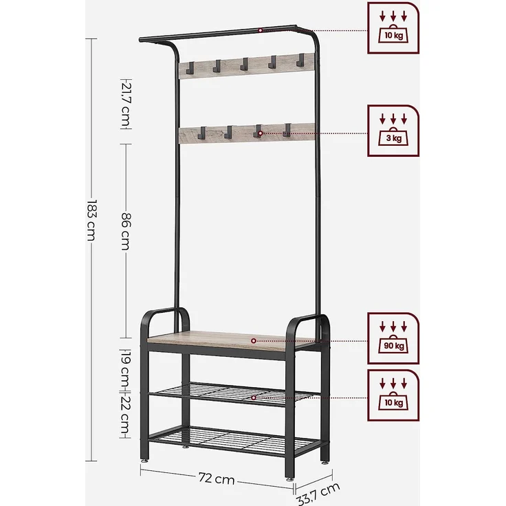 Vasagle Garderobenständer, Garderobe, Schuhregal mit Sitzfläche, Kleiderständer mit 9 abnehmbaren Haken, Sitzbank, 2 Gitterablagen, 183 cm hoch, Indus [HSR40 MB] – Bild 6