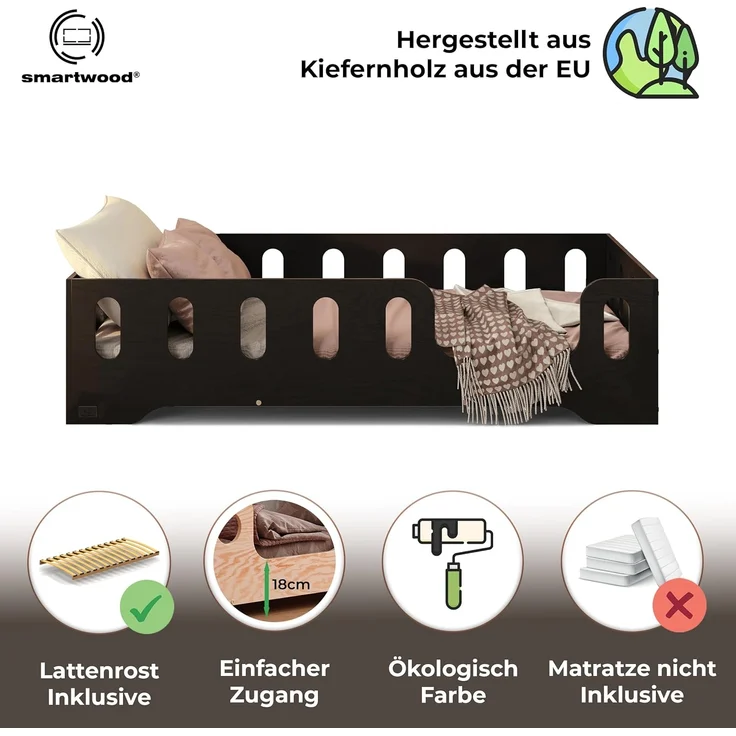 smartwood Kinderbett Bodenbett 100x200 mit Rausfallschutz & Lattenrost - Schwarz - Kinder Montessori Bett TILA 2P mit glatten Kanten - Betten für schnelle Montage - Bis 230 kg belastbar – Bild 3