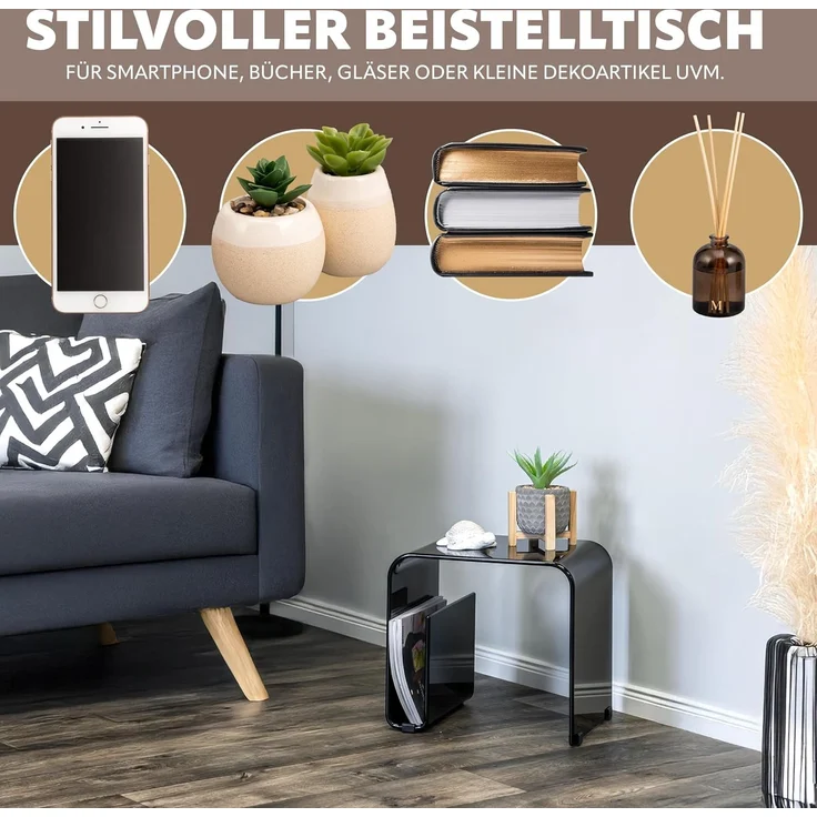 Acryl Beistelltisch mit Magazinhalter 2in1, schwarz-glänzend – Bild 3