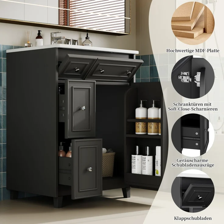 Waschtischunterschrank 61 x 47 x 87 cm mit Keramikbecken, Schubladen und Tür, Schwarz – Bild 7