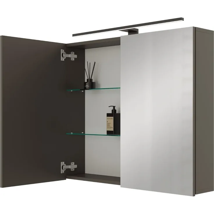 Planetmöbel ARIA Spiegelschrank Bad mit Beleuchtung 80 cm breit | Badschrank hängend mit Spiegel | Anthrazit, mit Leuchte und Steckdose, Spiegelschrank Gäste WC 80 x 70 x 16 cm