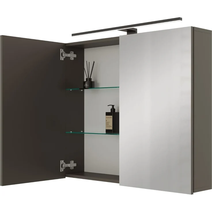 Planetmöbel ARIA Spiegelschrank Bad mit Beleuchtung 80 cm breit | Badschrank hängend mit Spiegel | Anthrazit, mit Leuchte und Steckdose, Spiegelschrank Gäste WC 80 x 70 x 16 cm – Bild 1