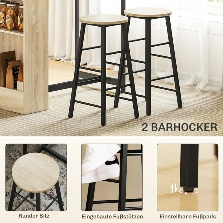 Bartisch mit Barhocker Set, 3-tlg, Bartisch-Set mit Küchentisch, Stauraum, 2 Hocker, Fußstützen, im Modern-Stil, Platzsparend Essgruppe für Esszimmer, Küche, Stahl, Eiche--Schwarz--91x49x91cm--YOUDENOVA – Bild 5