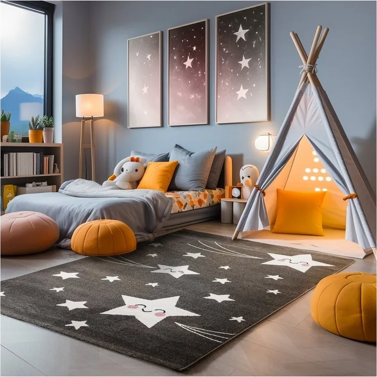 SIMPEX24 Teppich Sterne Design, Rund, Höhe: 11 mm, Kinderteppich Stern Design Grau Baby Teppich Kinderzimmer Pflegeleicht