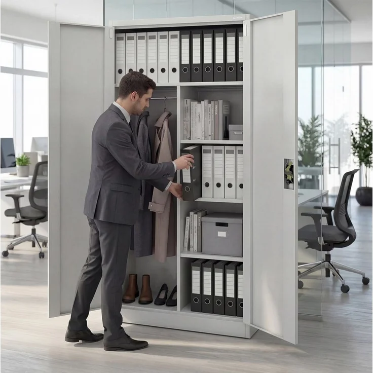 Domator Metallschrank 185 x 90 x 45 cm | Aktenschrank Abschließbar mit Kleiderstange, Pulverbeschichtung | Aufbewahrungsschrank Umkleideschrank Spind Kleiderstange | Grau – Bild 2