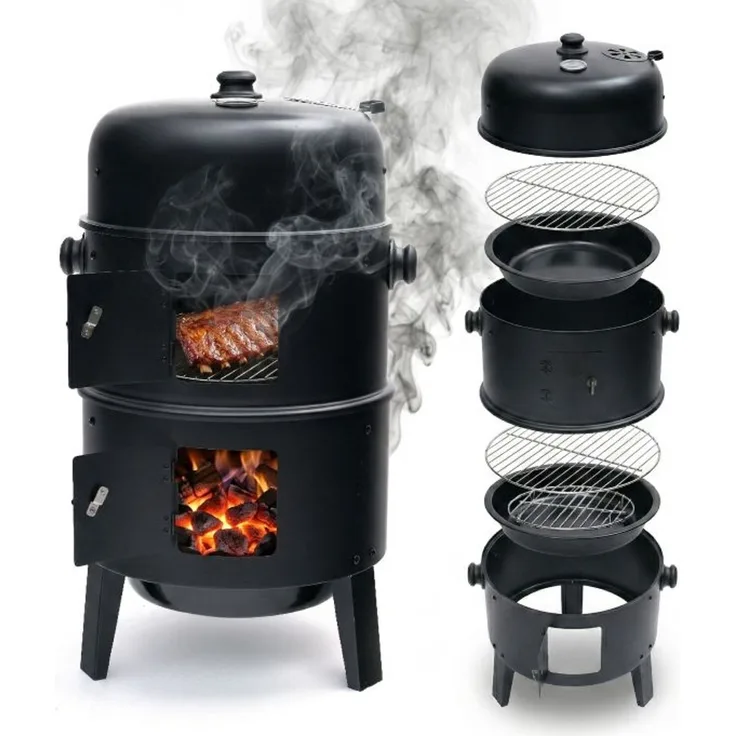 Relaxdays Smoker mit Deckel & Thermometer, 79 x 47,5 x 45 cm