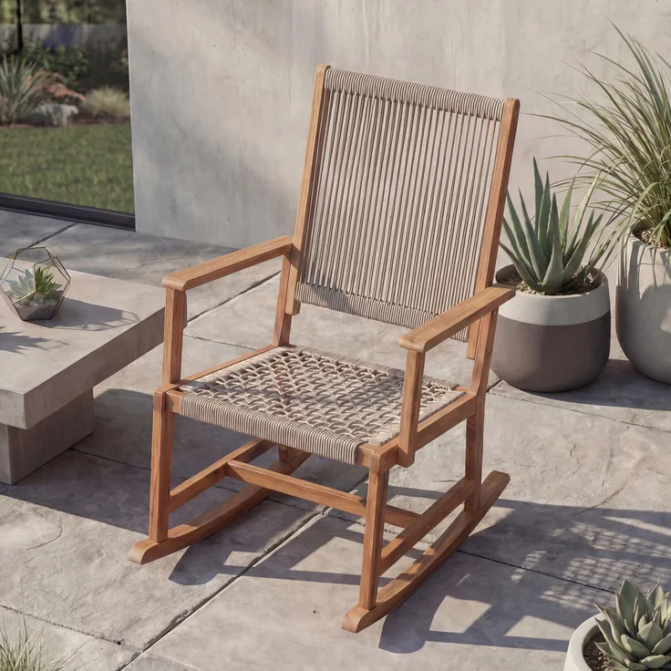 Schaukelstuhl HWC-P73, Garten Outdoor Wippstuhl Relaxstuhl Schaukelliege, Akazie Holz Rope Seilgeflecht ~ beige