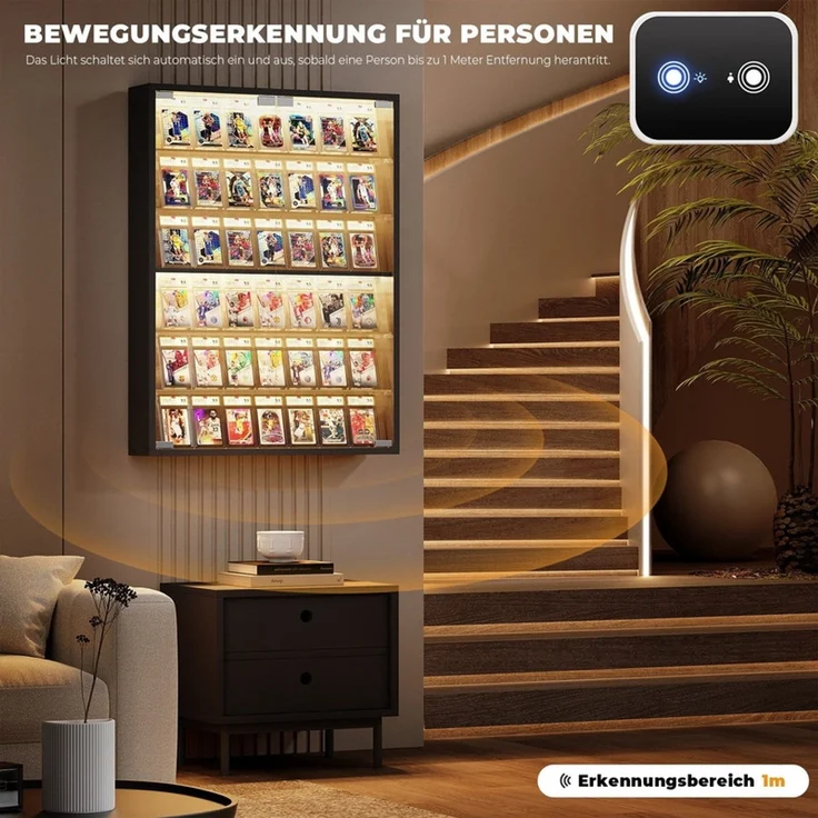 Hängevitrine 60x12x80 cm, Wandvitrine mit 6 verstellbaren Glasböden, LED-Beleuchtung und Sensor, Schwarz – Bild 9