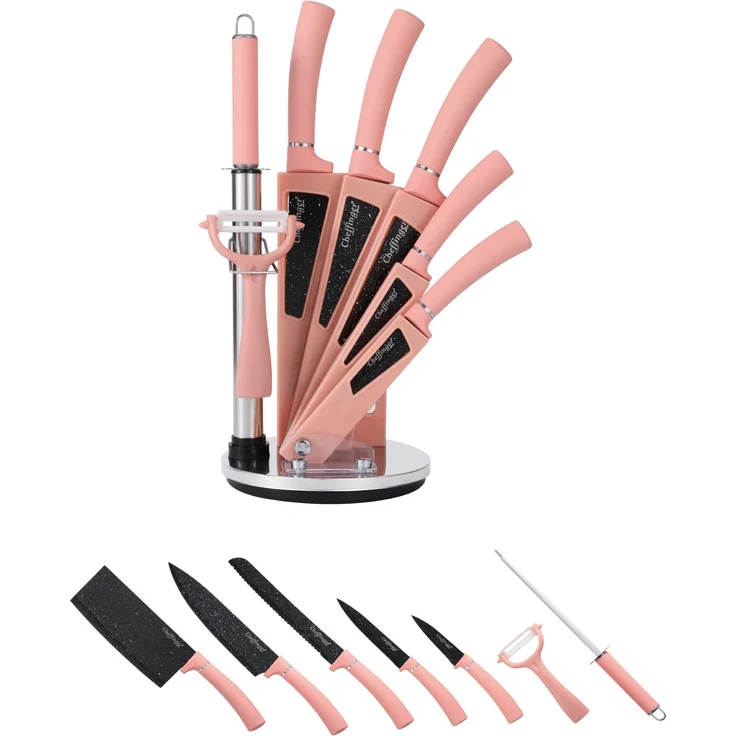 8 tlg Messerset Kochmesser Messerständer drehbar Pink Messer aus Edelstahl – Bild 2