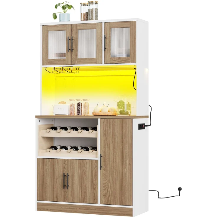 ZUBALIYA Buffetschrank 100 x 40 x 180 cm – Riffelglasfronten, RGB-LED mit Fernbedienung, 2 Steckdosen und USB, Weinregal für 10 Flaschen, MDF, Weiß, Sonoma-Eiche-Optik – Bild 10