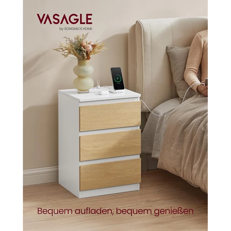 VASAGLE Nachttisch mit Steckdosenleiste, 2er Set, Beistelltisch, 3 Schubladen, 2 AC-Steckdosen, 2 USB-A-Anschlüsse, Wohnzimmer, Schlafzimmer, Arbeitszimmer, modern, wolkenweiß-mandelgelb LET831Y01 – Bild 4