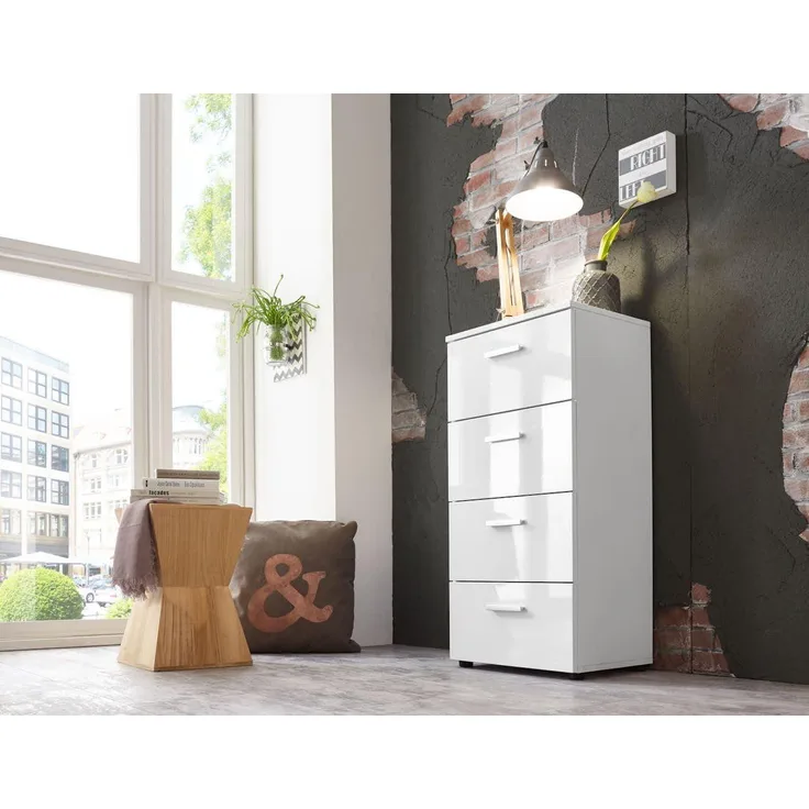 BMG Möbel Schubladen Kommode Sideboard Tower Marbella in Hochglanz weiß Höhe 91 Breite 44 Tiefe 32 cm