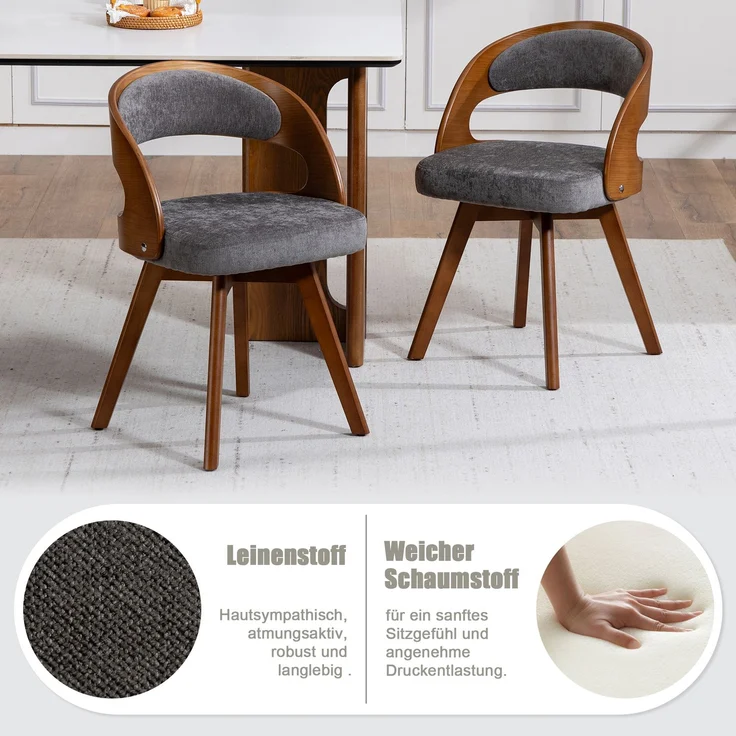 LVHOM Esszimmerstuhl 360° drehbar, 2er Set, Polsterstuhl aus Leinen und Massivholz, Küchenstuhl gepolstert, ergonomischer Schalenstuhl mit Armlehne, bis 150 kg – Bild 5