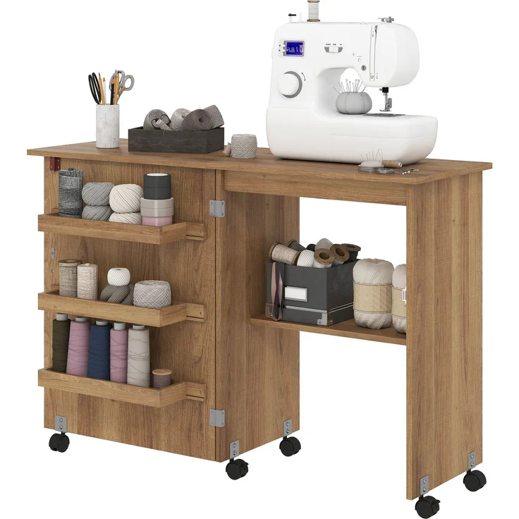 Wohnora-Klappbarer Nähtisch mit ausklappbarer Tischplatte, Aufbewahrungsboxen, offenem Regal und Rollen, braun,H 775cm x T 1170cm x B 400cm – Bild 2