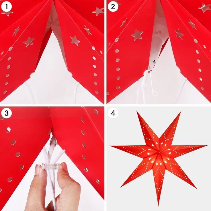 SALCAR LED Papierstern Weihnachten mit Beleuchtung, 3D Leuchtstern Fenster zum Aufhängen, 55cm Adventsstern mit E14 Lampe, LED Stern Weihnachtsdeko, Rot – Bild 4