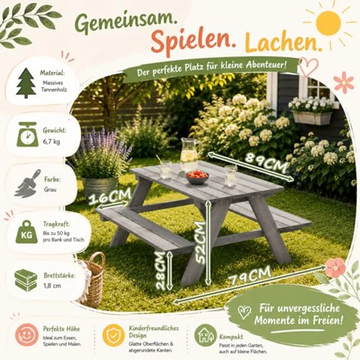 HAGO Garten-Kindersitzgruppe, Sitzset aus Tannenholz für Garten und Spielplatz, 1-tlg, mit hoher Tragkraft bis 50 kg – Bild 5
