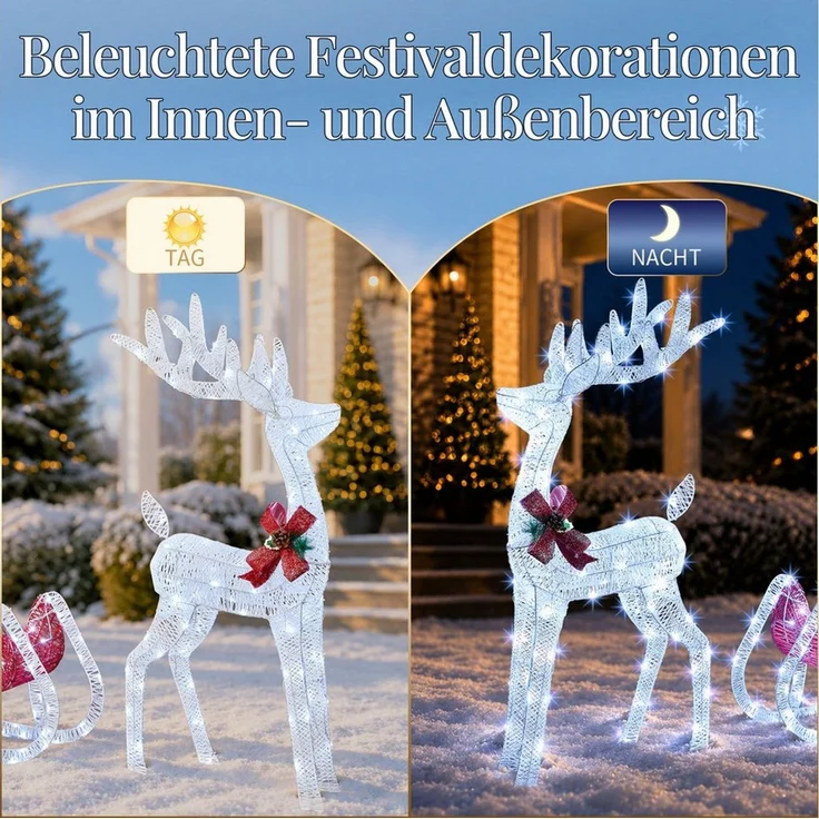 LALAHO Weihnachtsfigur LED Rentier mit Schlitten Weihnachtsbeleuchtung, mit 180 LEDs, Rentier Weihnachten Deko für Außen und Innen – Bild 3