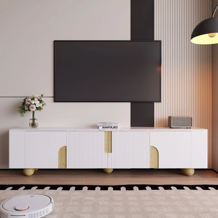 TV-Schrank 180 cm Weiß Holzoptik mit Marmoroberfläche, 4-türig, Massivholzfüße, modernes Sideboard fürs Wohnzimmer – Bild 6