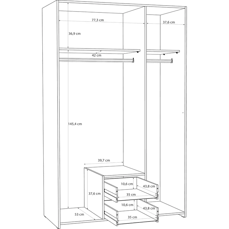 Forte ECONOBOX Kleiderschrank 120, rustikal, 3-türig, 2 Schubladen, Spiegel, Einlegeböden, Holzwerkstoff, Old Wood Vintage Holzdekor|Betonoptik Grau, 119,4 cm breit x 190,5 cm hoch x 54,4 cm tief – Bild 7