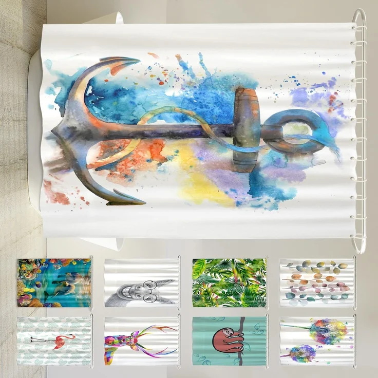 arteneur Anti-Schimmel Duschvorhang 180x200 cm Wasserfarben Anker | Textil recycelt, OEKO-TEX 100, 40°C Maschinenwäsche, blickdicht, wasserdicht, beschwerter Saum, mit 12 recycelten Ringen