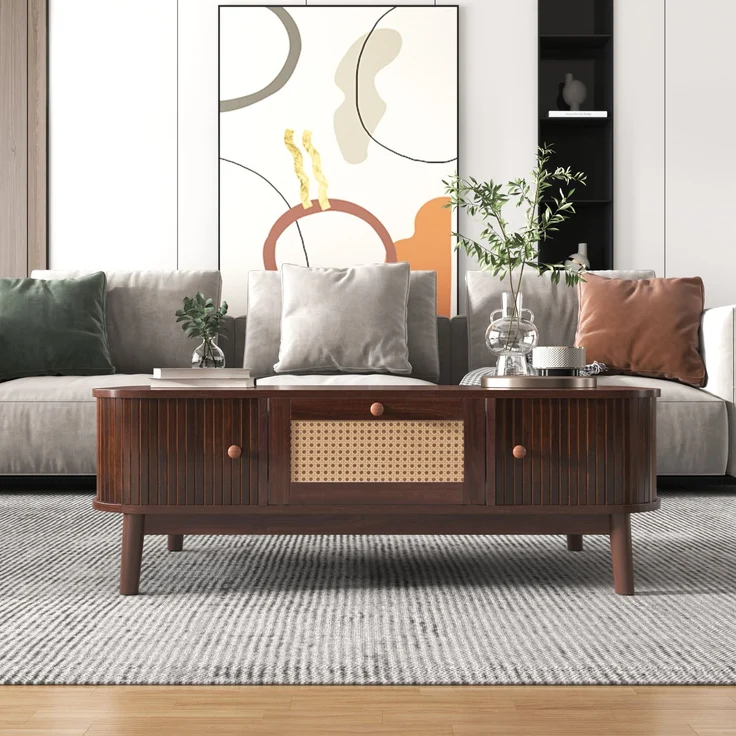 Merax Couchtisch - Rattan-Kaffeetisch, Schubladen mit Rattan und Schiebetüren mit Massivholzlatten, Massivholzbeine, braun – Bild 6