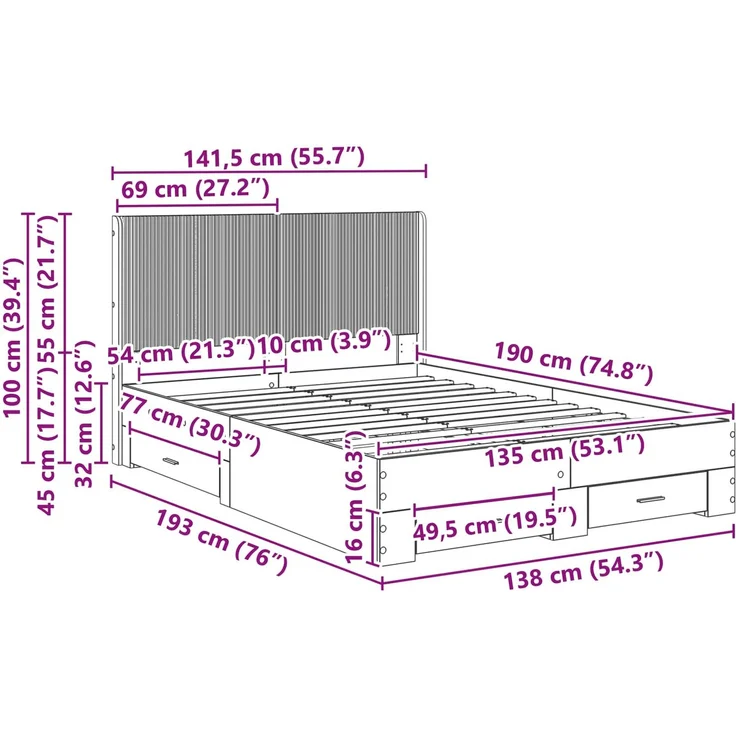 vidaXL Bettgestell mit Stauraum und Kopfteil Schwarz 135 x 190 cm 3414118 – Bild 11
