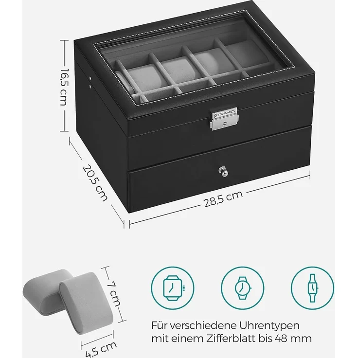 SONGMICS Uhrenbox, Uhrenkasten mit Glasdeckel, 2 Ebenen, Uhrenkoffer mit herausnehmbaren Uhrenkissen, Uhrenschatulle, Geschenkidee, PU-Bezug in Schwarz, Samtfutter in Grau JWB020 – Bild 6