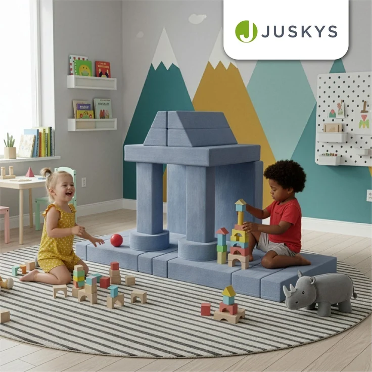 Juskys Kindersofa Kayo –Cord, modular & weich, Sofa für Kinderzimmer & Spielzimmer, sicher, flexibel, pflegeleicht, mit abnehmbaren Bezügen – Hellblau – Bild 7