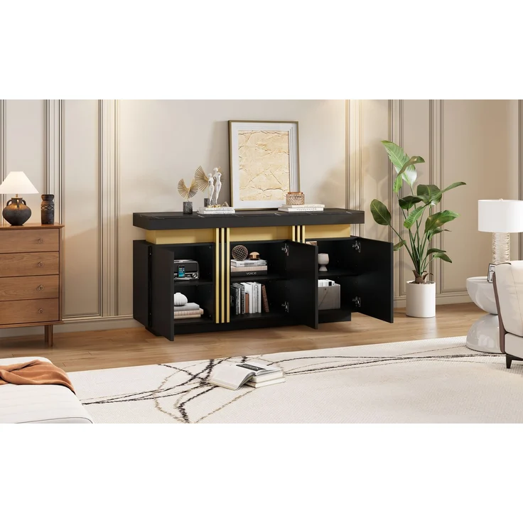 ZUBALIYA Sideboard 140x38x70 cm, mit 3 Türen, aus Spanplatte, Schwarz – Bild 12