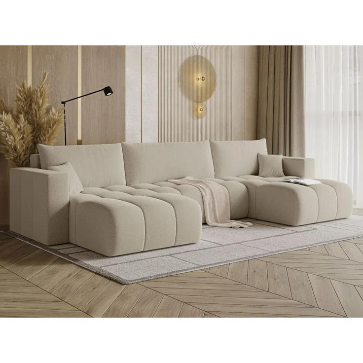 GRAINGOLD Ecksofa U-Form Neva U, Ecksofa mit Schlaffunktion, Bettkasten, mit losen Kissen, Bouclé-Stoff, Beige – Bild 3