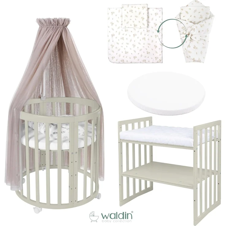 Waldin Babybett OWAL aus Holz 7in1 mit Matratze, mitwachsendes Kinder-Bett, belüftet, Boden 5-fach verstellbar, All-Inclusive-Set Holz olive, Stoffe Taupe Zweige – Bild 2