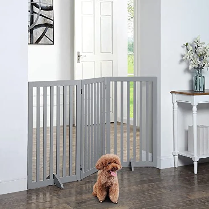 unipaws Absperrgitter, freistehendes Schutzgitter mit Füßen, Treppenschutzgitter ohne Bohren, Holz-Hundetore Türgitter Hunde Hundegitter Schutzgitter treppe, Grau (3 Elemente, 91 cm hoch) – Bild 4