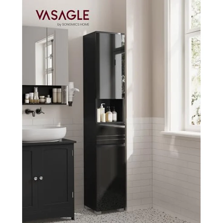 VASAGLE Badezimmerschrank, Badschrank, Badezimmermöbel mit Einer Schublade, verstellbare Ablagen, offenes Fach, 30 x 30 x 170 cm, tintenschwarz BBC560B01 – Bild 3
