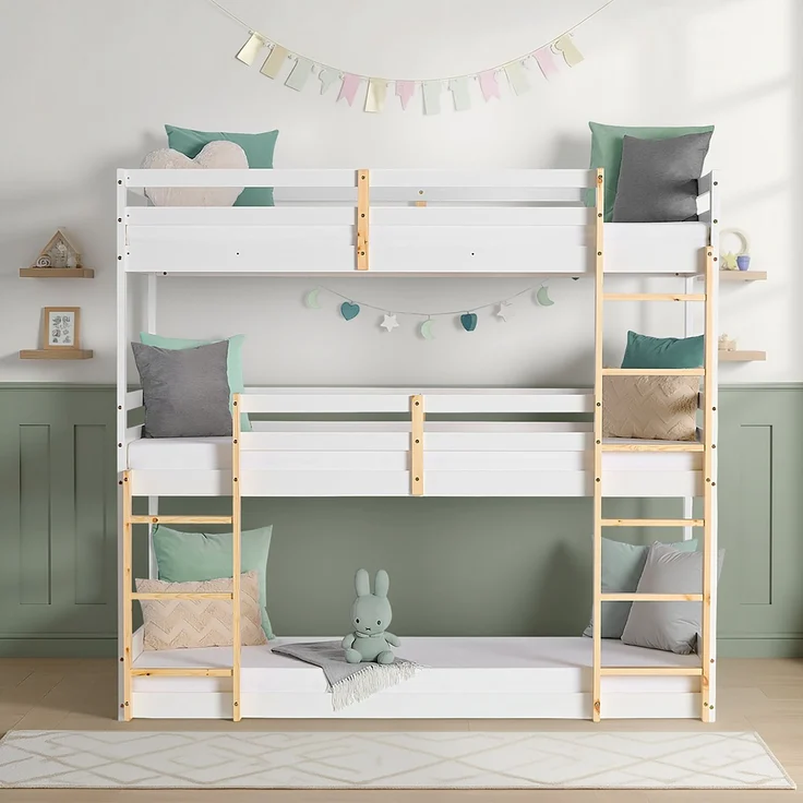 Homestyle4u Kinderbett Etagenbett 90x200 Kinder Dreifachbett Hochbett Weiß Holz Natur Stockbett Spielbett – Bild 7