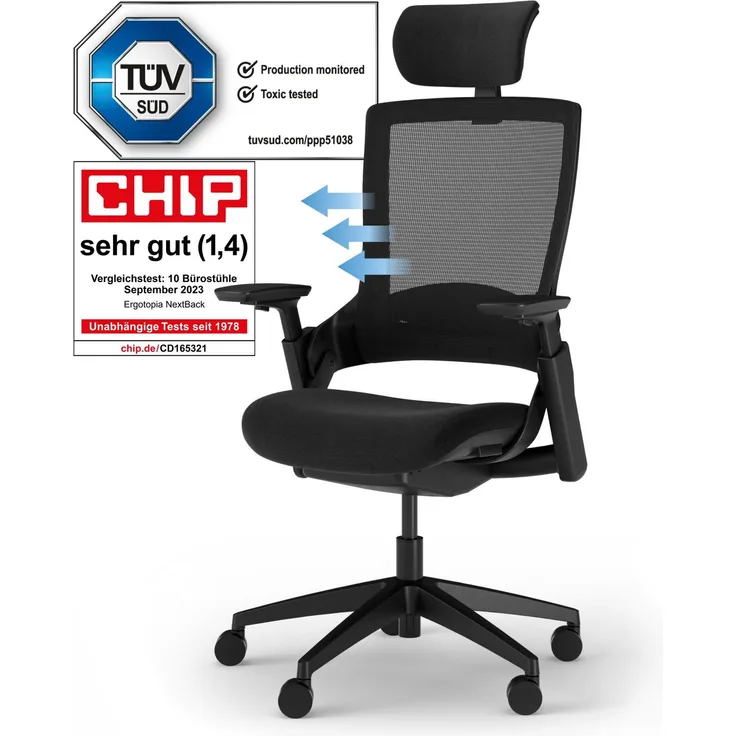 Ergotopia 'NextBack' ergonomischer Bürostuhl mit integrierter Lordosenstütze, Drehstuhl mit 3D Armlehnen & verstellbarer Kopfstütze, Schwarz