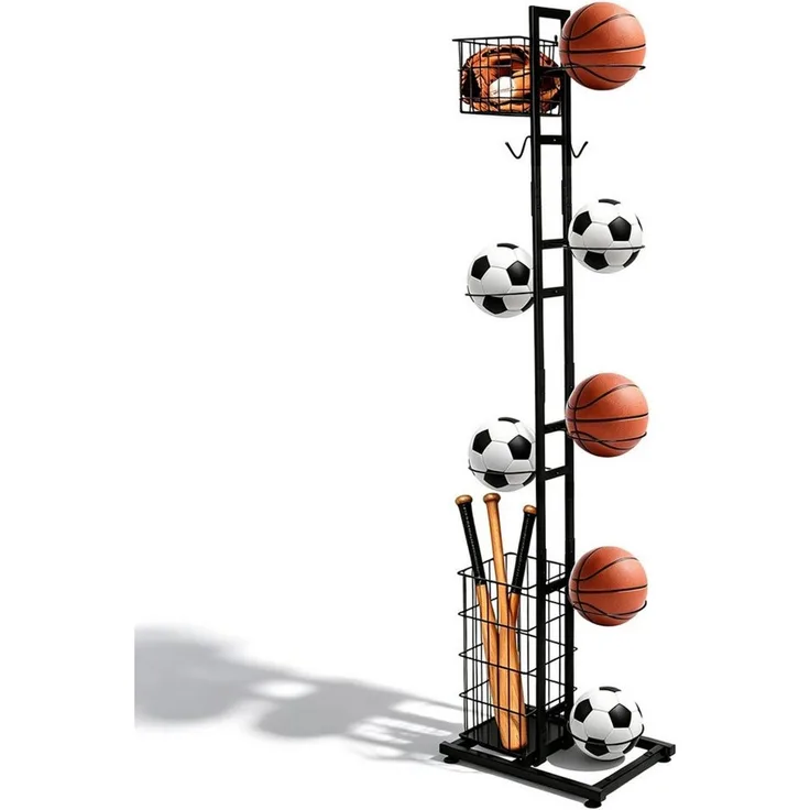BlingBin Mehrzweckregal Ballständer 155 cm, Sportgerätehalter für 7 Bälle und Schläger, Ballaufbewahrung 1-tlg, Sportgeräte organizer, Basketball Aufbewahrungsregal, Abnehmbare