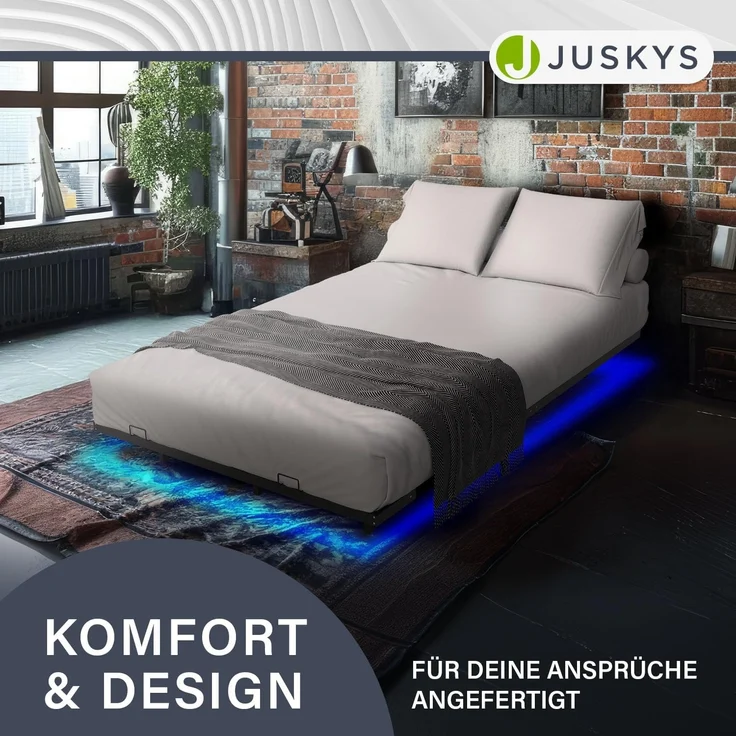 Juskys Metallbett Palamos 140x200 cm mit Matratze, Lattenrost & LED Beleuchtung - Schwebebett minimalistisch & modern - Bettgestell, Bett - Schwarz – Bild 4