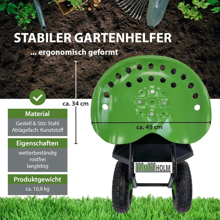 Gartenscooter mit Ablage Stahl 150 kg Sitzhöhe 44-52 cm Sitz 360° drehbar Lufträder in Schwarz-grün – Bild 2