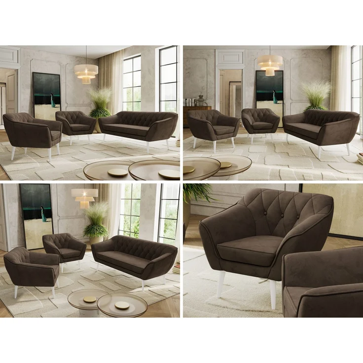 Wohnzimmerset PIRS 1-1-3, Skandinavisches 3-Sitzer Sofa mit Sesseln, Sofa mit Wellenfederung, weiße Füße, Skandinavisches Möbelset - Braun Velvet – Bild 2